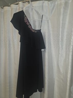 Jennifer Lopez Black One-Shoulder Ruffle Dress with Pink Floral Accents